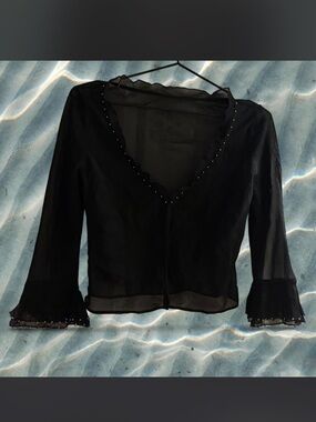 Sheer Black V-Neck Women's Top with ruffle Trim and pearl beads